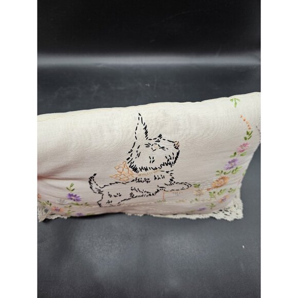 Vintage Hand Embroidered Scottish Terrier Scottie Dog Toss Pillow 12x8" Lace - Picture 7 of 11